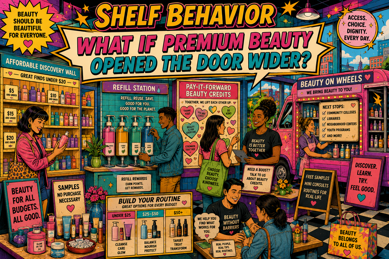 Explore how premium stores could make beauty more accessible through affordable discovery, refills, community passes, and mobile retail.