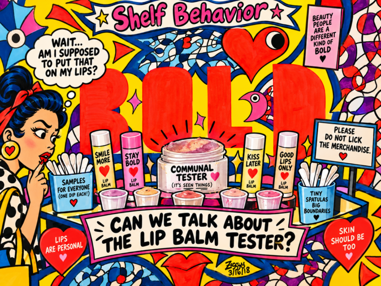Lip balm testers with disposable applicators in a beauty store sampling station