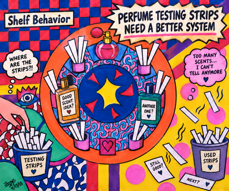 Perfume testing strips and a fragrance testing station inside a beauty store