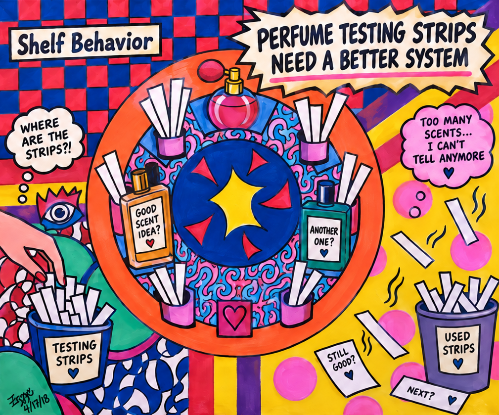 Perfume testing strips and a fragrance testing station inside a beauty store
